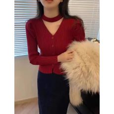 2026法式泡泡袖洋气针织开衫女新款韩版挂脖式V领小心机ins上衣