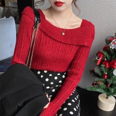 一字肩毛衣女2026新款春秋红色高级感打底衫露肩方领针织洋气上衣