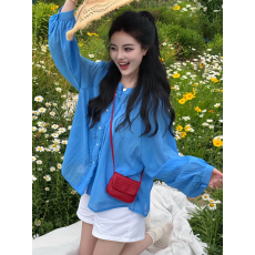 批发韩版克莱因蓝貌美木耳边衬衫女2026宽松休闲慵懒风防晒长袖衬衫