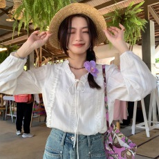 批发南法秋日法式系带花边领2026白衬衫女小个子别致温柔风衬衣