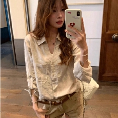 批发原麻色亚麻老钱风衬衫女夏薄款松弛感设计感V领<b class='q'>棉麻</b>衬衣防晒<b class='q'>上衣</b>