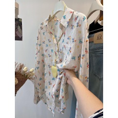 批发春夏小清新 韩国港味复古<b class='q'>碎花</b>轻薄长袖<b class='q'>衬衫</b>女防晒衣
