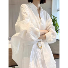 批发法式白色棉麻长袖衬衫外套女秋季新款<b class='q'>开衫</b>外搭亚麻衬衣上衣