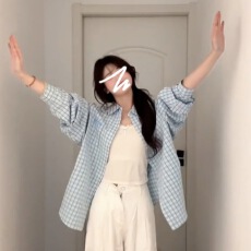 批发蓝色格子衬衫女春秋2026新款法式衬衣外套小个子超好看长袖上衣