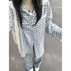 批发蓝白色小熊蝴蝶结印花格子衬衫外套女2026新款<b class='q'>蕾丝</b>双层领上衣