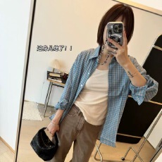 批发慵懒松弛感清新小蓝格纹拼色男友夏日薄款防晒<b class='q'>衬衫</b>女