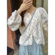 批发乌77小清新碎花<b class='q'>长袖</b>衬衫小个子宽松显瘦圆领甜美少女感百搭<b class='q'>雪纺衫</b>