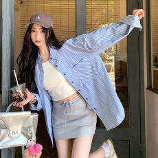 批发法式蓝色条纹衬衫外套女2026新款慵懒风宽松衬衣春秋上衣