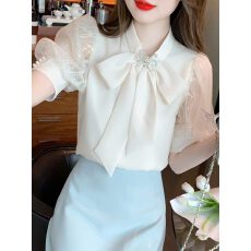 批发法式蝴蝶结短袖衬衫女2026夏季新款小众独特<b class='q'>欧根纱</b>泡泡袖雪纺<b class='q'>上衣</b>
