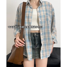 批发2026多巴胺穿搭蓝色纯棉格子衬衫女慵懒风休闲衬衣<b class='q'>防晒服</b>长袖上衣