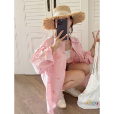 批发粉色蝴蝶结印花衬衫外套女士夏季慵懒风长袖防晒衣中长款翻领上衣