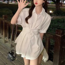 批发法式气质收腰POLO领衬衫<b class='q'>连衣</b>裙女夏季设计感小个子衬衫裙短<b class='q'>裤</b>套装