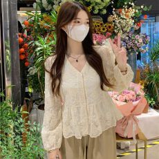 韩系甜美超仙V领蕾丝衬衫女长袖早秋设计感小众法式别致小衫上衣