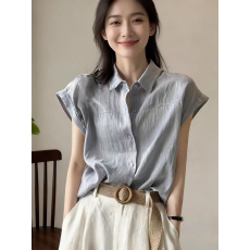 批发高端蓝色短袖<b class='q'>衬衫</b>女夏通勤穿搭<b class='q'>职业</b><b class='q'>衬衣</b>小飞袖无袖棉麻上衣高级感