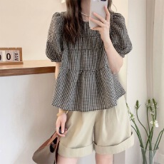 批发法式娃娃<b class='q'>衫</b>短袖衬<b class='q'>衫</b>女夏季胖mm遮肚子宽松泡泡袖<b class='q'>格子</b>小<b class='q'>衫</b>上衣