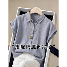 批发老钱风蓝色短袖亚麻<b class='q'>衬衫女</b>夏棉麻衬衣慵懒通勤穿搭小飞袖背心上衣