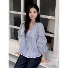 批发chic 韩系春<b class='q'>秋</b>甜美假两件长袖木耳边长袖条纹衬衫