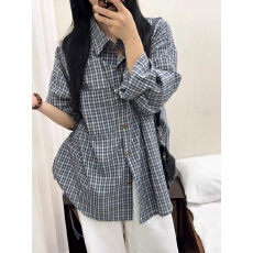 批发美式复古蓝色格子宽松休闲春秋<b class='q'>外套</b>2026新款衬衫女装<b class='q'>百搭</b>气质上衣