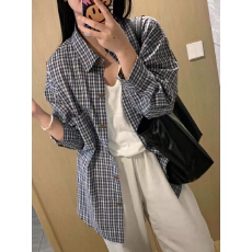 批发美式复古蓝色格子宽松休闲春秋外套2026新款<b class='q'>衬衫</b><b class='q'>女装</b>百搭气质上衣