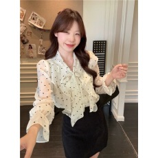 批发荷叶边波点喇叭袖衬衫女秋季休闲蝴蝶结少女宽松<b class='q'>甜美</b>上衣