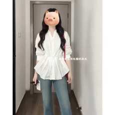 批发法式气质绝美长袖<b class='q'>衬衫</b>女装秋季<b class='q'>衬衣</b><b class='q'>外套</b>褶皱独特收腰显瘦修身上衣