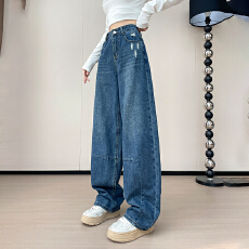 批发直筒弯刀牛仔裤女春秋季2025新款<b class='q'>宽松</b>时尚磨破超火高级辣妹阔腿裤