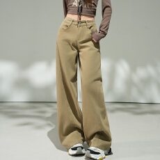 批发卡其色宽松直筒加绒牛仔裤女秋冬新款纹理时尚高腰显瘦窄版阔腿裤