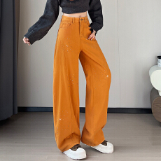 批发南瓜橙烫钻弯刀牛仔裤<b class='q'>女</b>冬季2025新款辣妹高腰巨好看宽松阔腿裤子