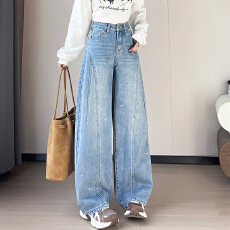 批发设计感闪闪烫钻直筒牛仔裤<b class='q'>女</b>装春秋美式高腰宽松显瘦阔腿弯刀裤子