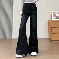批发美式复古烫钻微喇牛仔裤<b class='q'>女</b>2025秋冬季新款高腰宽松垂感显瘦喇叭<b class='q'>裤</b>