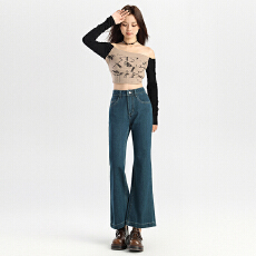 批发普洗蓝高腰显瘦四面弹<b class='q'>九分</b>裤微喇裤女春季修身百搭喇叭牛仔裤