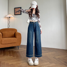 批发沙白色高腰小个子拼接<b class='q'>九分</b>直筒裤2026年夏季新款宽松阔腿牛仔裤女