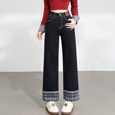 批发超火翻边直筒牛仔裤女春季新款小个子潮流黑金蓝九分烟管法棍<b class='q'>裤子</b>
