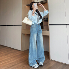 批发浅蓝色复古高腰阔腿<b class='q'>牛仔</b>裤<b class='q'>女</b>2026春季水洗宽松显瘦休闲弯刀拖地裤