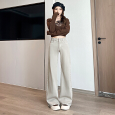 批发灰<b class='q'>白色</b>阔腿<b class='q'>牛仔裤</b>女春秋2026年新款时尚微喇裤子女显瘦高腰喇叭裤