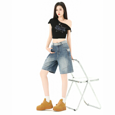 批发美式复古拼接水洗<b class='q'>牛仔</b>裤<b class='q'>女</b>2026夏季新款宽松显瘦阔腿五分中<b class='q'>短裤</b>子