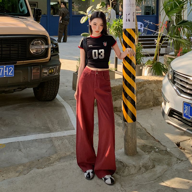 BY31007# 美式大丽红宽松阔腿牛仔春秋季新款百搭显瘦遮胯垂感拖地裤 服裝批發女裝批發服飾貨源