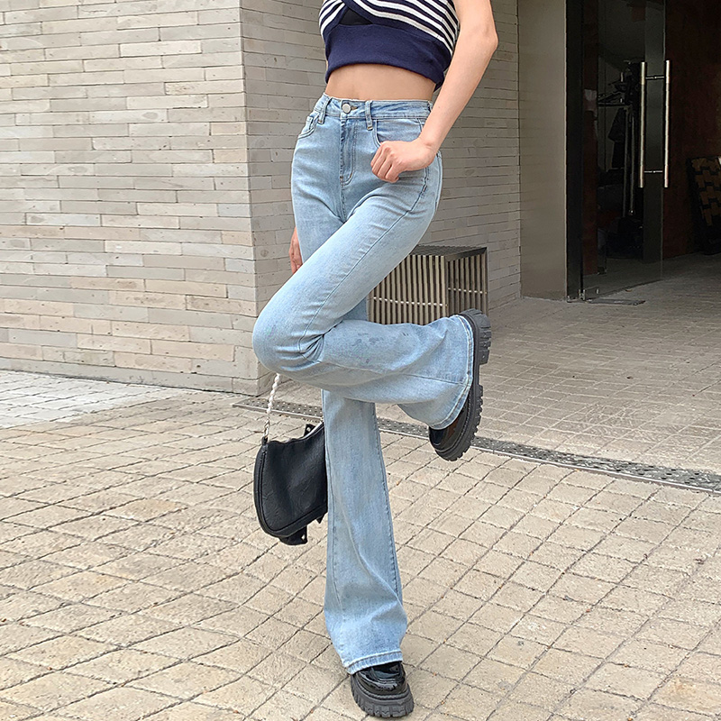 BY31002# 浅蓝色微喇叭牛仔裤女秋季新款设计感高腰显瘦马蹄裤小个子 服裝批發女裝批發服飾貨源