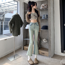 批发小个子怀旧蓝牛仔微喇<b class='q'>九分</b>裤女毛边裤脚高腰弹力做旧遮胯显瘦喇叭