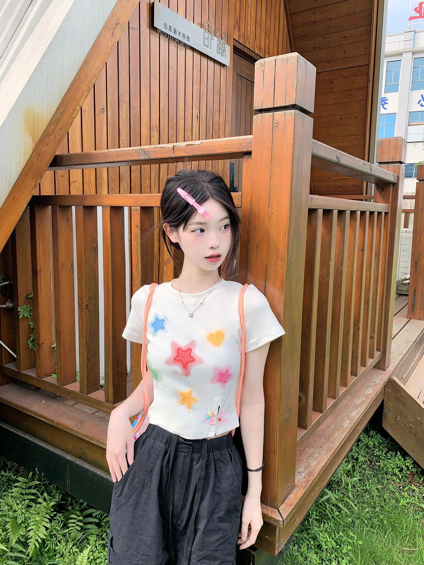 MY11121# 多巴胺彩色星星印花短袖t恤女裝貨源服裝批發