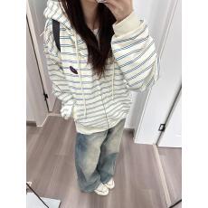 批发CGGA自制秋季美式复古慵懒风宽松条纹<b class='q'>开衫</b>连帽<b class='q'>卫衣</b>女休闲长袖外套