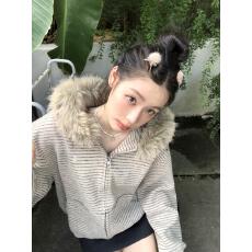 批发原版韩系条纹毛领连帽开衫卫衣女秋季<b class='q'>休闲</b>宽松慵懒显瘦<b class='q'>外套</b>上衣潮