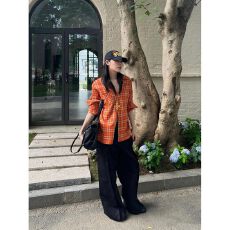 批发美式复古格子<b class='q'>长袖</b>衬衫春秋季宽松休闲多巴胺上衣橘色防晒衬衣外套