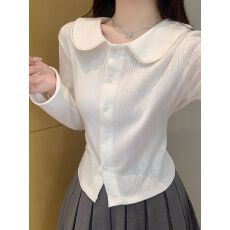 娃娃领长袖开衫T恤女秋冬设计感打底上衣