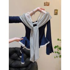 批发纯欲蕾丝<b class='q'>假两件</b>条纹绑带一字<b class='q'>上衣</b>