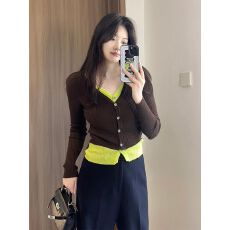 批发<b class='q'>假两件</b>长袖针织衫女装秋季新款撞色V领<b class='q'>上衣</b>