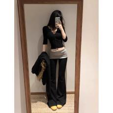 批发美式女春<b class='q'>夏</b>季高腰垂感撞色拼接修身显瘦百搭微喇叭裤长裤潮