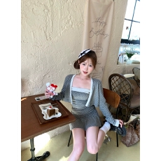 批发美露波波 罗纹翻领<b class='q'>波点</b>拼接抹胸<b class='q'>连衣裙</b>&开衫外套套装