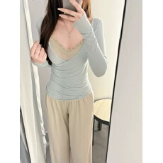 批发【纯欲担当】真两件蕾丝褶皱<b class='q'>背心</b>长袖上衣两件套