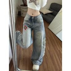 批发美式复古重磅珍珠刺绣长裤做旧直筒裤弯刀裤<b class='q'>牛仔裤</b><b class='q'>男</b>女款阔腿裤子